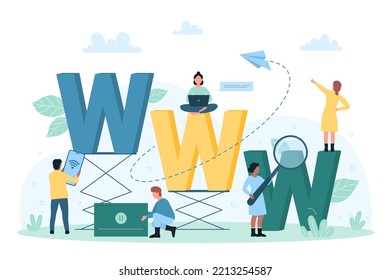 Búsqueda de información en la web o en la ilustración del vector de navegación www. Las personas diminutas de caricatura miran a través de la lupa las letras de WWW, usando teléfono móvil, laptop para encontrar y navegar por la dirección de la red