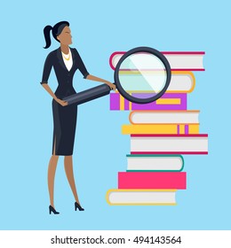 Information searching and data analysis vector concept. Flat design. Woman in business clothes standing near pile of books with magnifier. Self-education and literature reading. On blue background. 