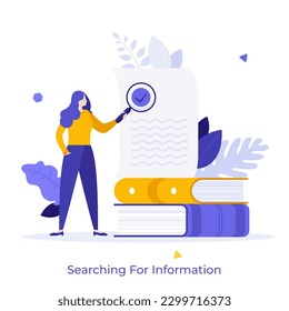 Information Searching flat concept vector illustration. Isolated student with magnifying glass reading paper characterfor web design. Creative idea for website, mobile and presentation