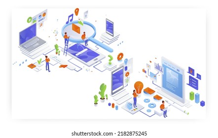 Information searching and website page content creation, flat vector isometric illustration.