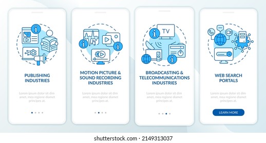 Information sector elements blue onboarding mobile app screen. Walkthrough 4 steps graphic instructions pages with linear concepts. UI, UX, GUI template. Myriad Pro-Bold, Regular fonts used
