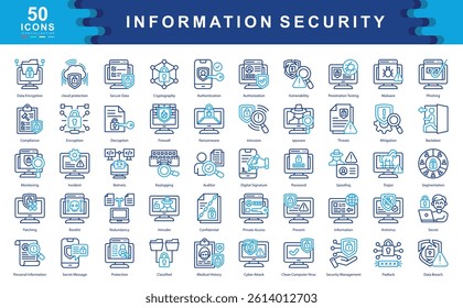 The Information Security color icon set highlights core cybersecurity measures including encryption, firewalls, and threat detection ideal for digital safety, data protection, and IT risk management.