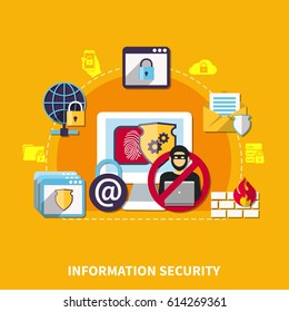 Information security concept with protection symbols on yellow background flat vector illustration