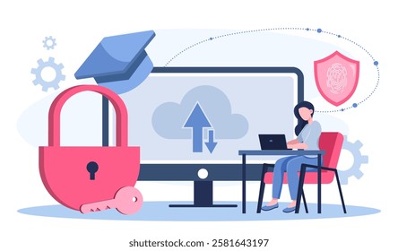 Information security concept. Woman with laptop near closed cloud storage. Securely upload and download files. Safety and security of personal data on Internet. Flat vector illustration