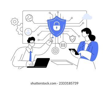 Information security consultant abstract concept vector illustration. Woman consults with a computer security engineer, IT technology, safe network connection control abstract metaphor.