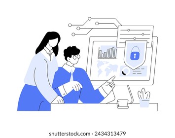 Information security consultant isolated cartoon vector illustrations. Woman consults with a computer security engineer, IT technology, safe network connection control vector cartoon.