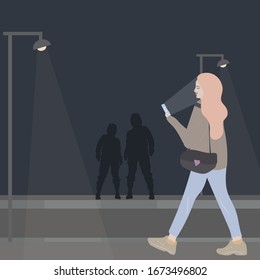 Informationssicherheit. Kriminalitätsniveau. Unsichere Gebiete. Mädchen laufen nachts allein. Vektorillustration.