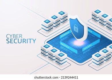Information Security Cyber Security Shield Symbol Of Icon Encryption Protect Data Cybersecurity Technology. Isometric Vector Illustration.