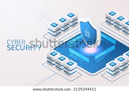 Information Security cyber security shield symbol of icon encryption protect data cybersecurity technology. isometric vector illustration.