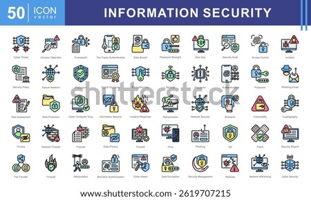 Information Security icon collection set. Containing cyber, data encryption, firewall, malware, phishing, password, authentication icon.