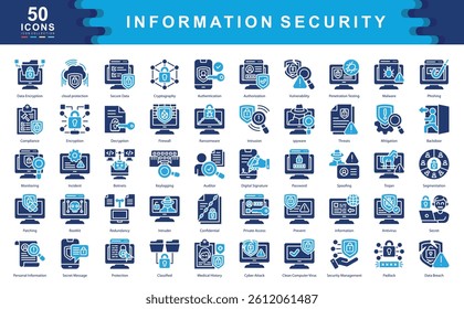 The Information Security icon set highlights core cybersecurity measures including encryption, firewalls, and threat detection ideal for digital safety, data protection, and IT risk management.
