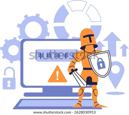 Information Security Illustration – Cybersecurity Defense Knight Protecting Computer Login, Strong Password and System Warning