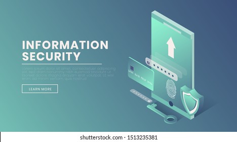 Information security landing page vector 3d template. Account access, fingerprint scanner, voice identification webpage, website design layout. Personal information protection isometric illustration