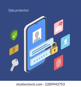 Information security, Safety and confidential data protection, concept with OTP code, password, Biometric and Facial recognition.