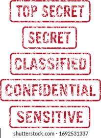 Information Security Top Secret, Secret, Classified, Confidential and Sensitive Stamps Distressed Isolated Vector Illustration 