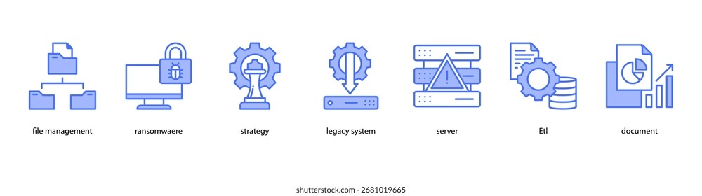 Ilustración vectorial de iconos de Anuncio de Web de seguridad de la información con administración de archivos, ransomware, estrategia, sistema heredado, servidor, ETL y documento.
