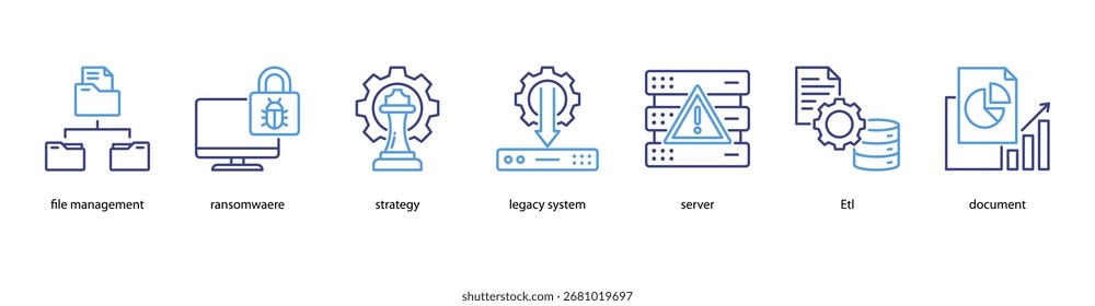 Information Security web banner icon vector illustration featuring File Management, Ransomware, Strategy, Legacy System, Server, ETL, and Document.