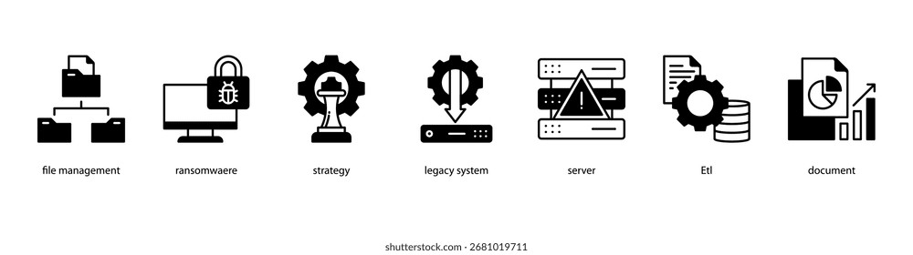 Ilustração vetorial do ícone de banner da Web de segurança da informação apresentando gerenciamento de arquivos, ransomware, estratégia, sistema legado, servidor, ETL e documento.