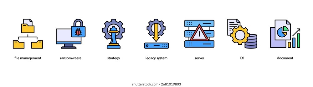 Information Security web banner icon vector illustration featuring File Management, Ransomware, Strategy, Legacy System, Server, ETL, and Document.