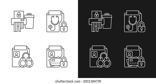 Information sensitivity linear icons set for dark and light mode. Disposing documents. Criminal records. Customizable thin line symbols. Isolated vector outline illustrations. Editable stroke