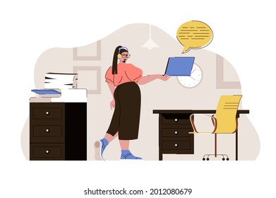 Concepto de servicio de información. Operator se comunica con los clientes, responde a la situación de las preguntas. Lugar de personas del centro de apoyo. Ilustración vectorial con diseño de carácter plano para sitio web y sitio móvil