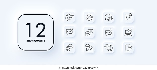 Icono de conjunto de información. Megáfono, portátil, escudo, carta, burbuja de voz, mensaje, sin comentarios, pulsera inteligente, fuente, teléfono, planeta, correo electrónico, equipo. Concepto de comunicación. Neomorfismo. Icono de línea del vector.
