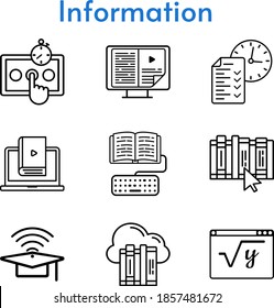 conjunto de información. incluye nube, ebook, cap, test, aprender, matemáticas, íconos de libro. estilos lineales.