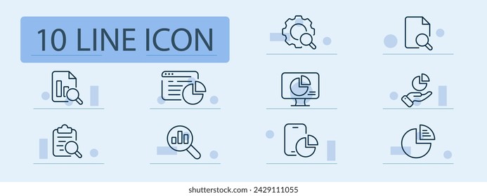 Icono de línea de conjunto de información. Gráfica, monitor, análisis, lupa, archivo, búsqueda, lista, smartphone. Fondo de color pastel. Icono de línea vectorial para negocios y publicidad
