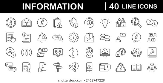 Conjunto de información de iconos web en estilo de línea. Info y Help Desk iconos para Web y App móvil. Contiene manual del usuario, instrucciones, guía, referencia, Asistencia de información, asistente, ayuda del Cliente