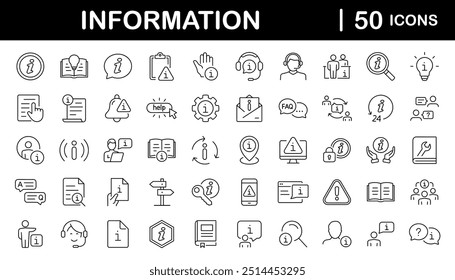 Conjunto de informações de ícones da Web no estilo de linha. Ícones de Informações e do Help Desk para aplicativos móveis e da Web. Contendo manual do usuário, instruções, guia, referência, suporte a informações, assistente, ajuda ao cliente