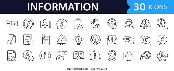 Information set of web icons in line style. Info and Help Desk icons for web and mobile app. Containing user manual, instruction, guidebook, reference, information support, assistant, customer help