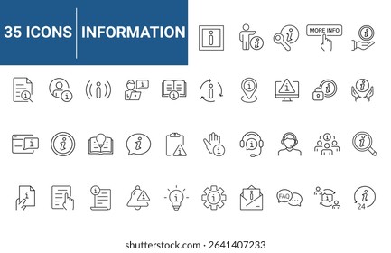 Information set of web icons in line style. Info and Help Desk icons for web and mobile app. Containing user manual, instruction, guidebook, reference, information support, assistant, customer help