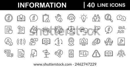 Information set of web icons in line style. Info and Help Desk icons for web and mobile app. Containing user manual, instruction, guidebook, reference, information support, assistant, customer help