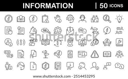 Information set of web icons in line style. Info and Help Desk icons for web and mobile app. Containing user manual, instruction, guidebook, reference, information support, assistant, customer help