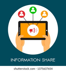 Information share vector illustration with hand, speaker and tablet symbol.