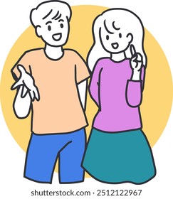 Information Share Young Couple Educational Talk Art. Perfect for educational materials, online courses, and any digital content aiming to attract a youthful audience.