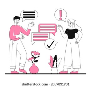 Information sharing concept. Girl and man tell each other news. Discussion of events. Friends talking. couple tell each other secrets. Cartoon flat vector illustration isolated on white background