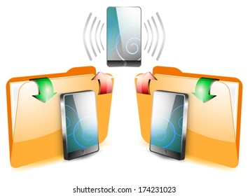 Information sharing on mobile phone with folder on a white background