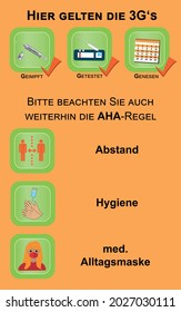 Signo de información con la regla 3G y Aha, vector. Texto en alemán (las 3G se aplican aquí, vacunadas, probadas, recuperadas), (Por favor, siga observando la regla aha, distancia, higiene, máscara médica)