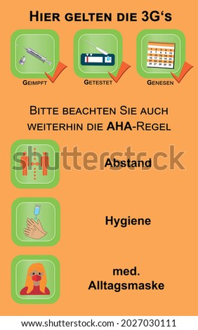 Information sign with the 3G and Aha rule, vector. Text in German (The 3G's apply here, vaccinated, tested, recovered), (Please continue to observe the aha rule, distance, hygiene, medical mask)