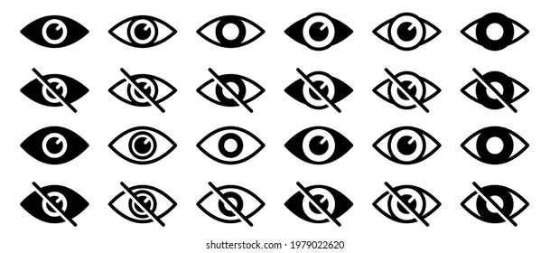 Information sign about delicate content. Conceptual symbols of internet security. Visible or hidden data entry. Broken and open eye icon. Vector elements