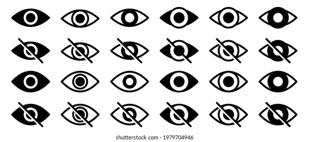 Information sign about delicate content. Conceptual symbols of internet security. Visible or hidden data entry. Broken and open eye icon. Vector elements