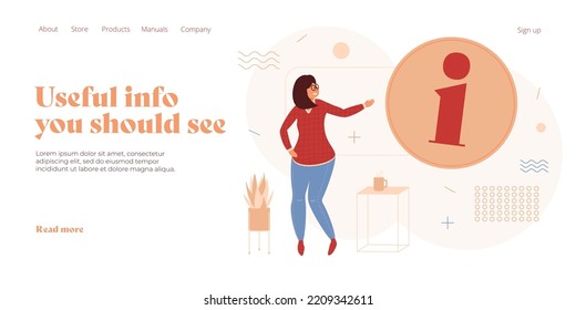 Information sign as concept of technical support in isometric vector illustration. Female pointing finger at info symbol. Help or faq metaphor. Web banner layout template