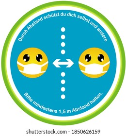 Signo de información con emoticonos y texto alemán: Para protegerte a ti mismo y a los demás, mantén una distancia de al menos 1,5 m. Archivo de vector