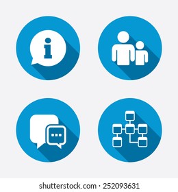 Information sign. Group of people and database symbols. Chat speech bubbles sign. Communication icons. Circle concept web buttons. Vector