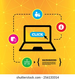 Information sign. Group of people and database symbols. Chat speech bubbles sign. Communication icons. Notebook device orange background with icons. Vector