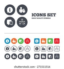 Information sign. Group of people and database symbols. Chat speech bubbles sign. Communication icons. Web buttons set. Circles and squares templates. Vector