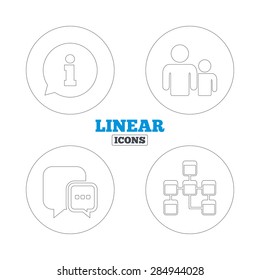 Information sign. Group of people and database symbols. Chat speech bubbles sign. Communication icons. Linear outline web icons. Vector