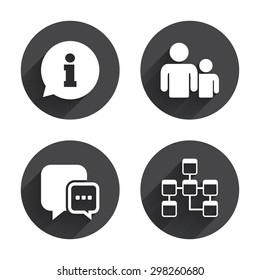 Information sign. Group of people and database symbols. Chat speech bubbles sign. Communication icons. Circles buttons with long flat shadow. Vector