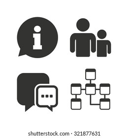 Information sign. Group of people and database symbols. Chat speech bubbles sign. Communication icons. Flat icons on white. Vector